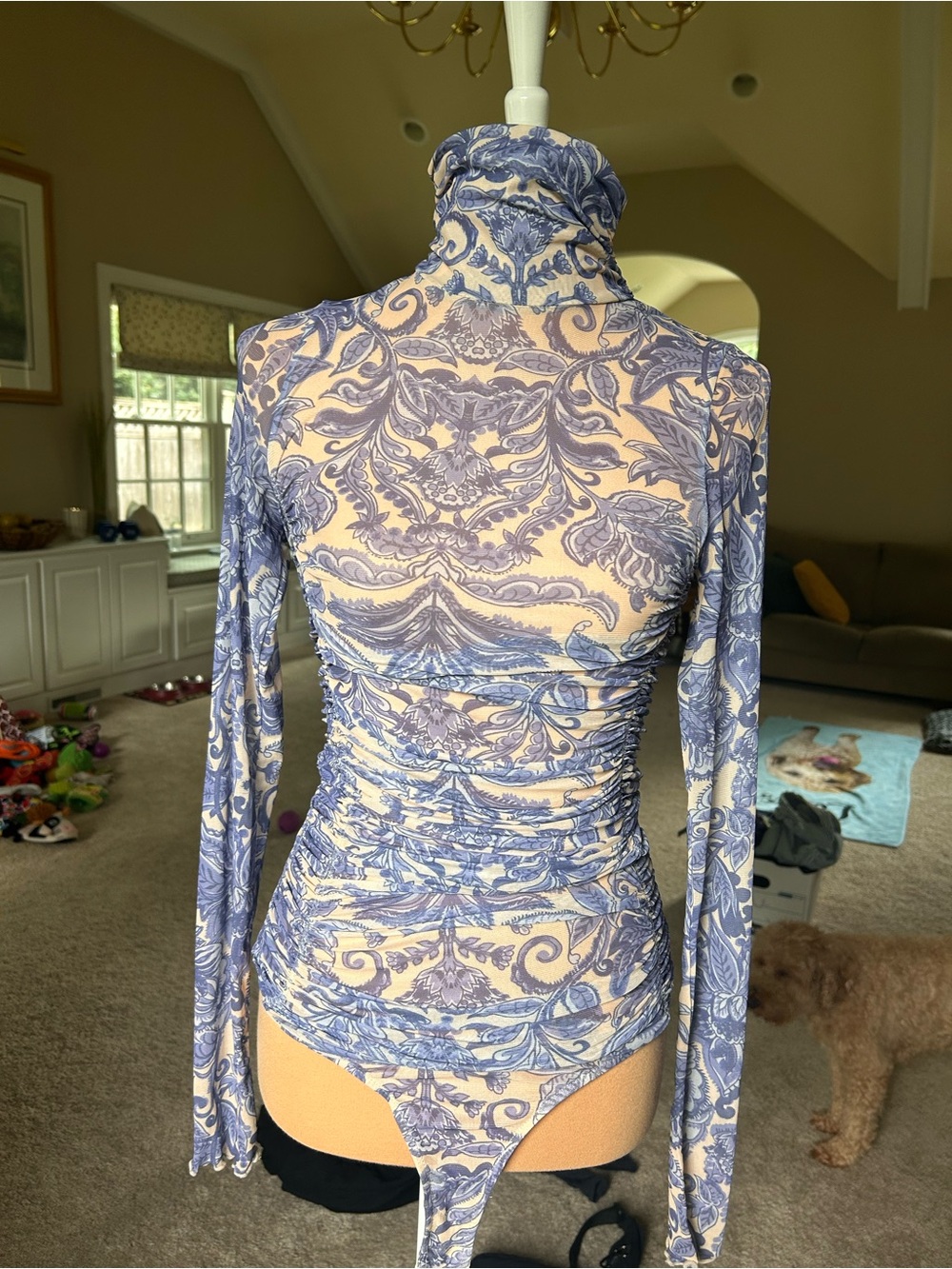 Free People Blue Paisley Turtleneck Long Sleeve Bodysuit